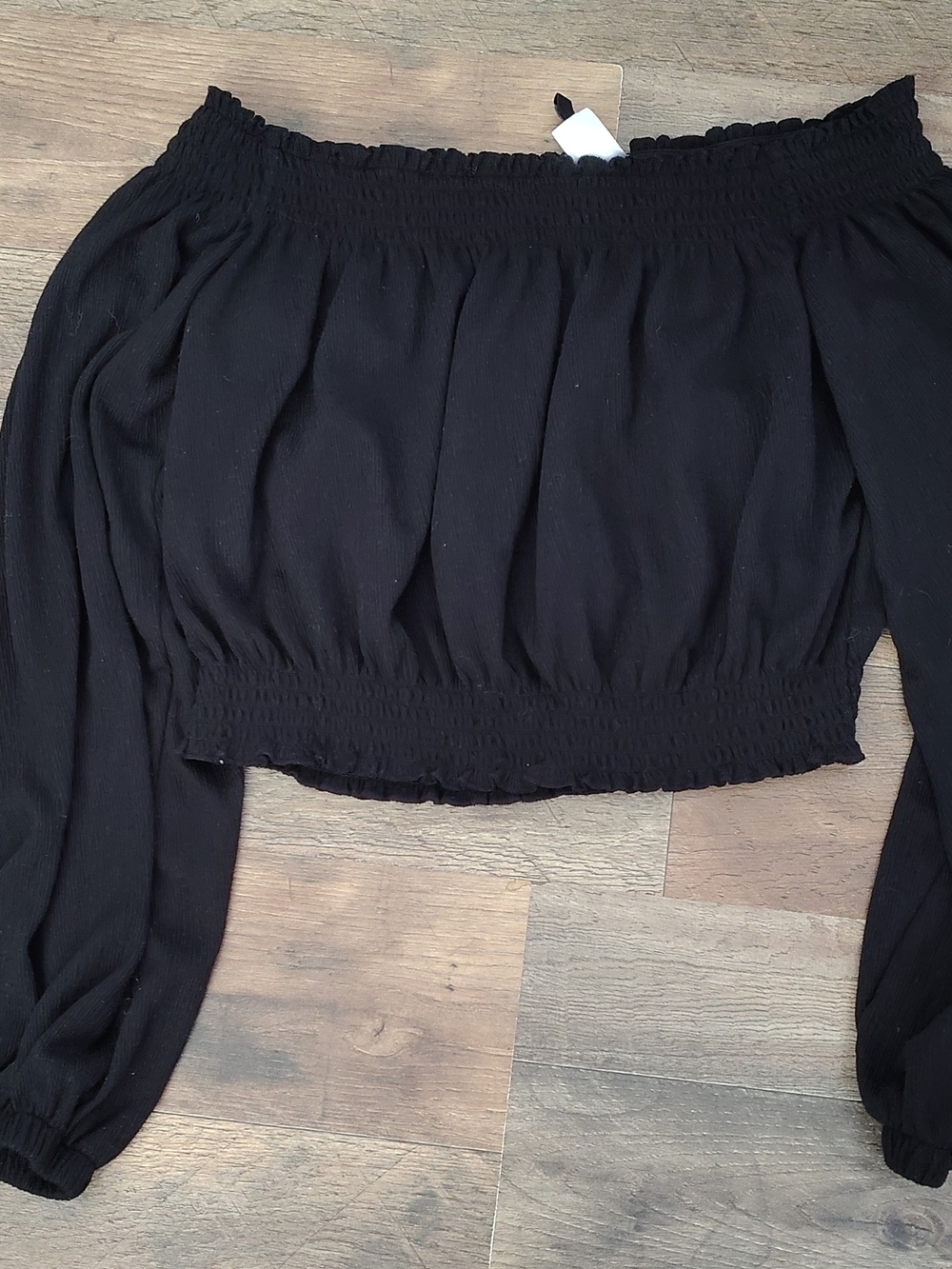 Divided Black Off-Shoulder Smocked Crop Top